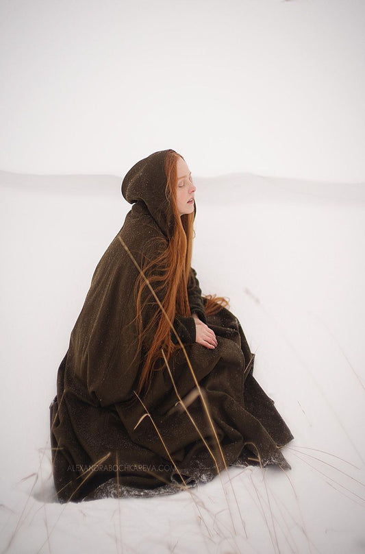 PARINI OLIVE MAXI HOODED WOOL CLOAK COAT