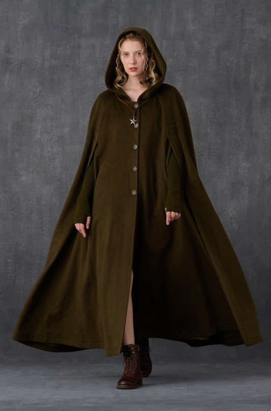 PARINI OLIVE MAXI HOODED WOOL CLOAK COAT