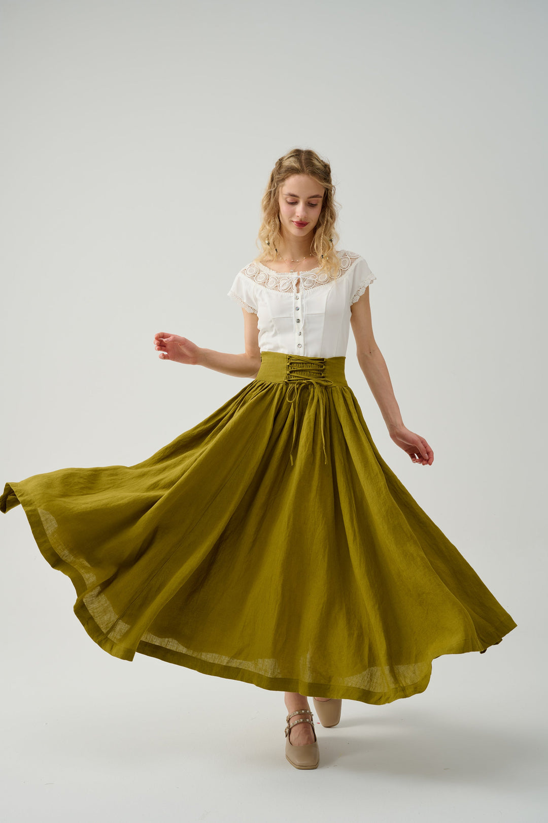 TEA DANCE LACE-UP MAXI LINEN SKIRT
