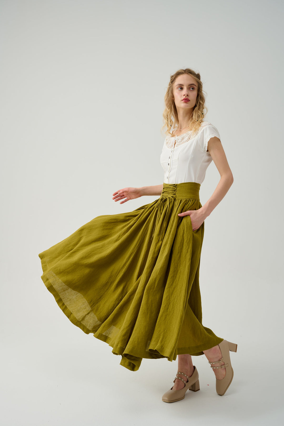 TEA DANCE LACE-UP MAXI LINEN SKIRT