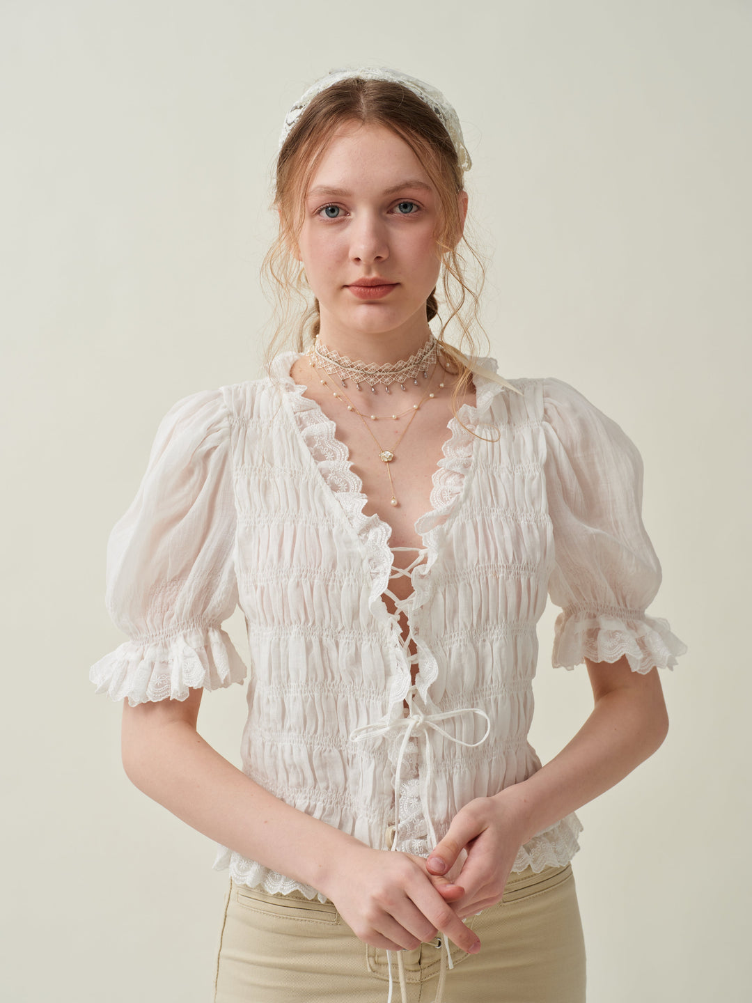 LUNA LACE UP LINEN TOP BLOUSE
