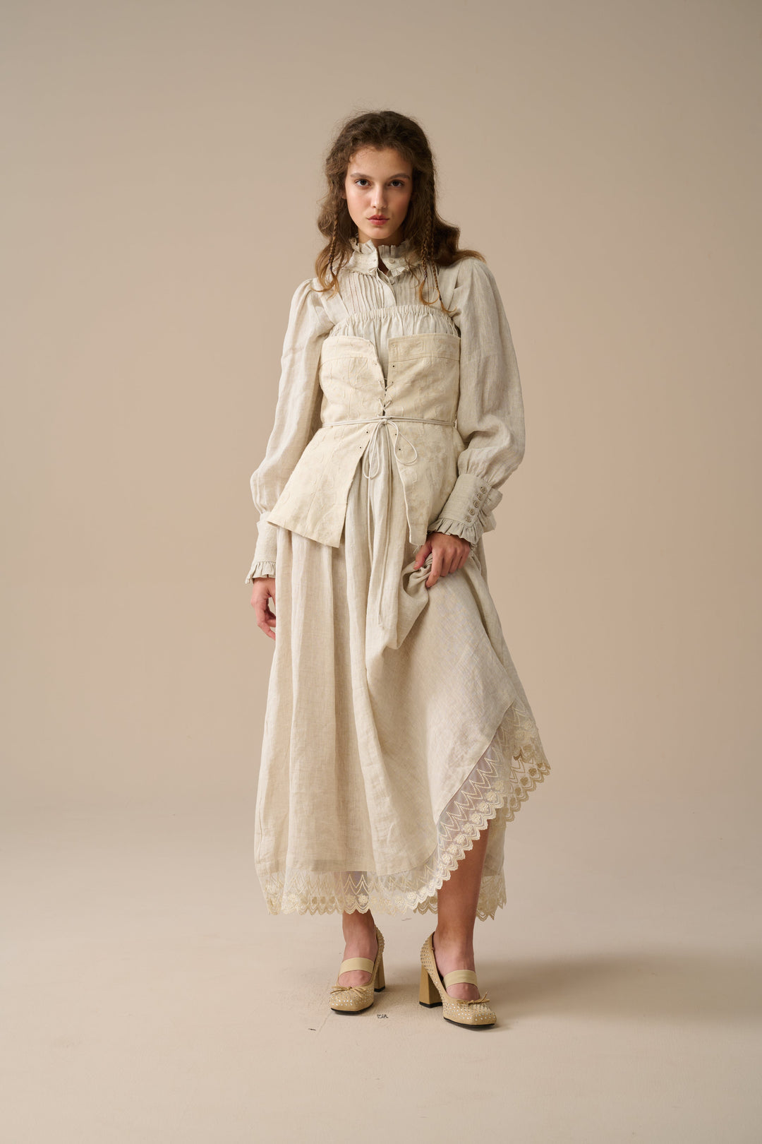 MICHELLE EMBROIDERY CORSET LINEN DRESS