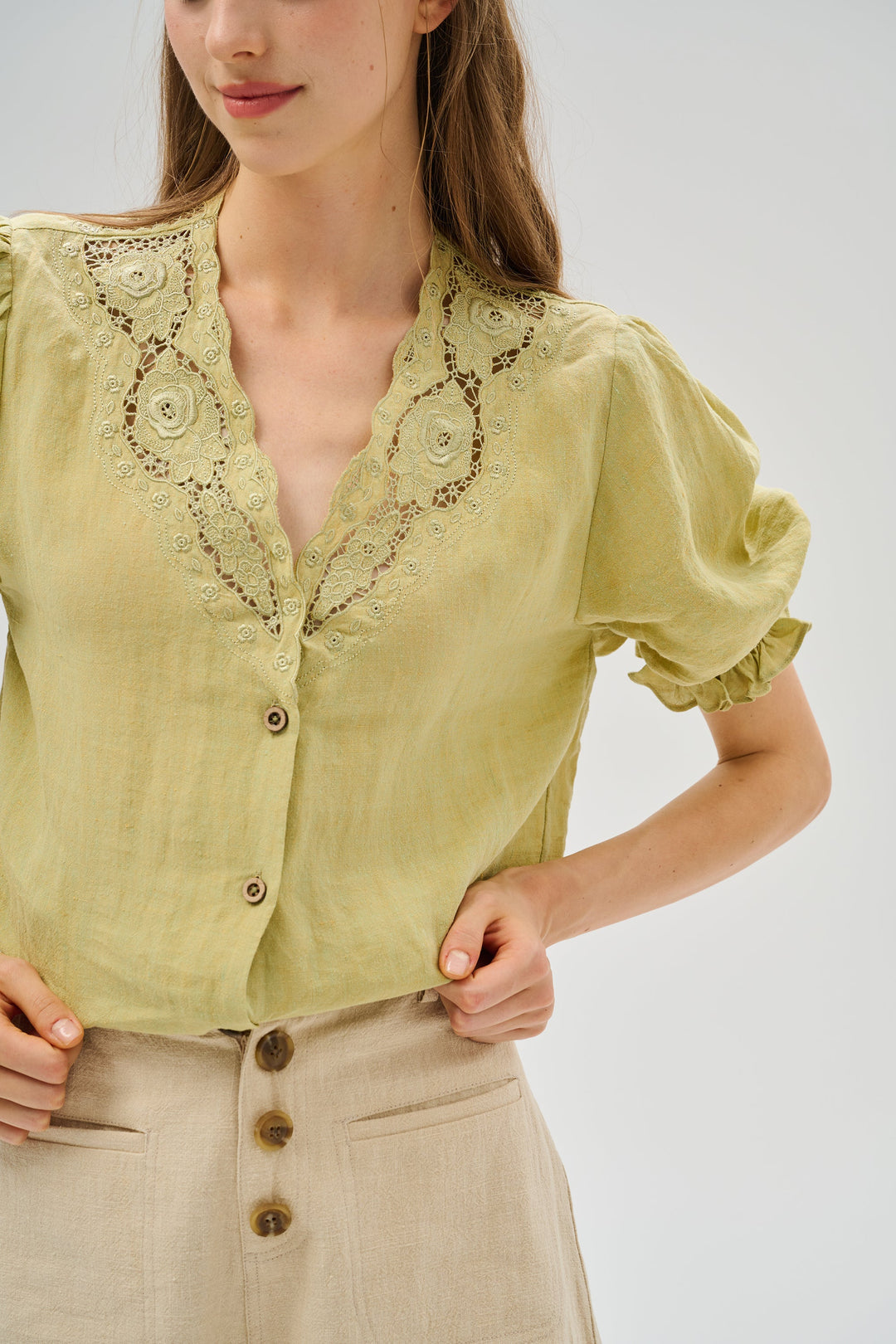 OPENWORK 100% LINEN BLOUSE WITH LACE