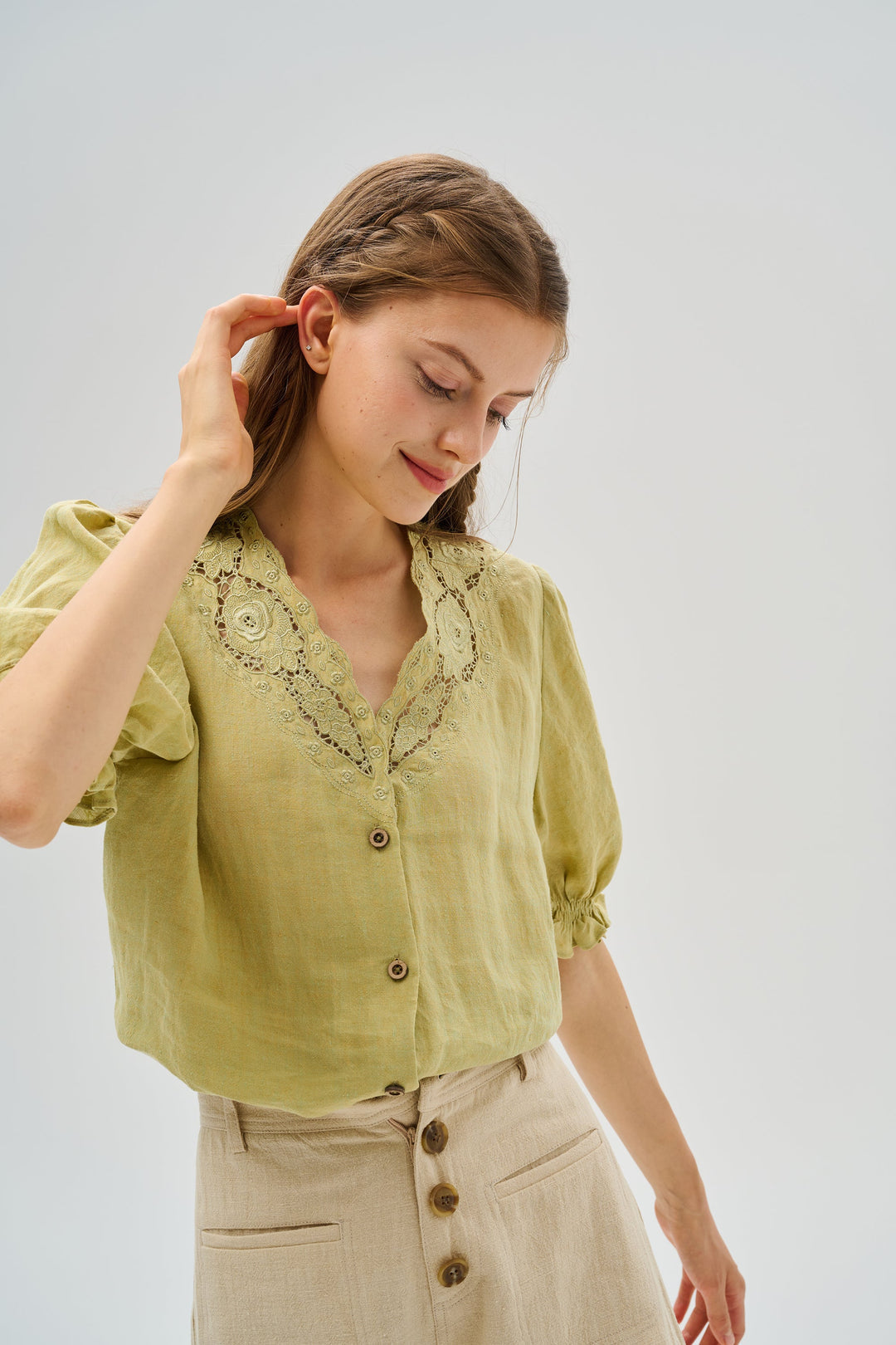 OPENWORK 100% LINEN BLOUSE WITH LACE