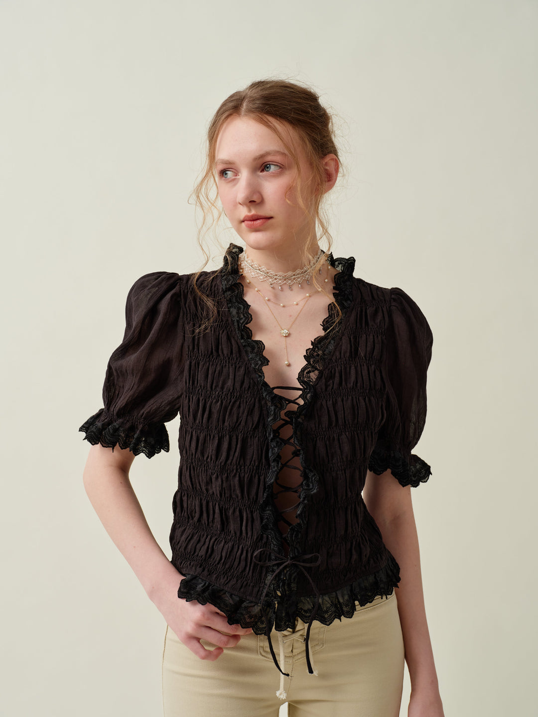 LUNA LACE UP LINEN TOP BLOUSE