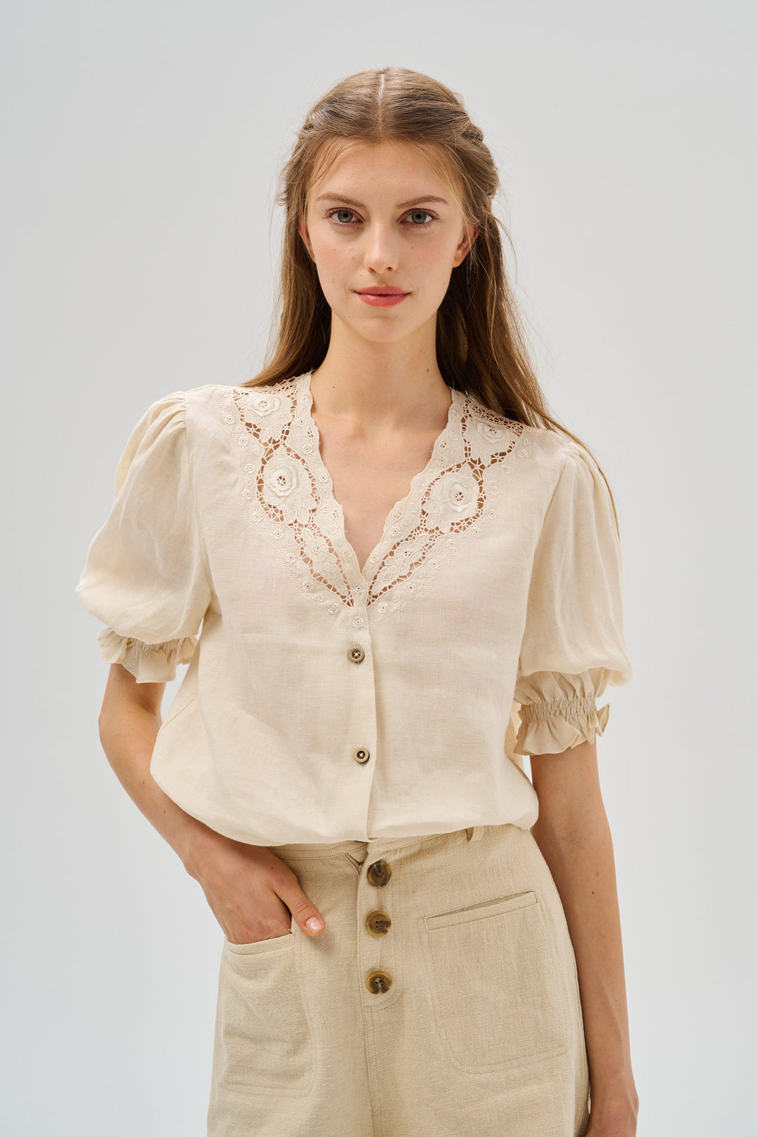 OPENWORK 100% LINEN BLOUSE WITH LACE