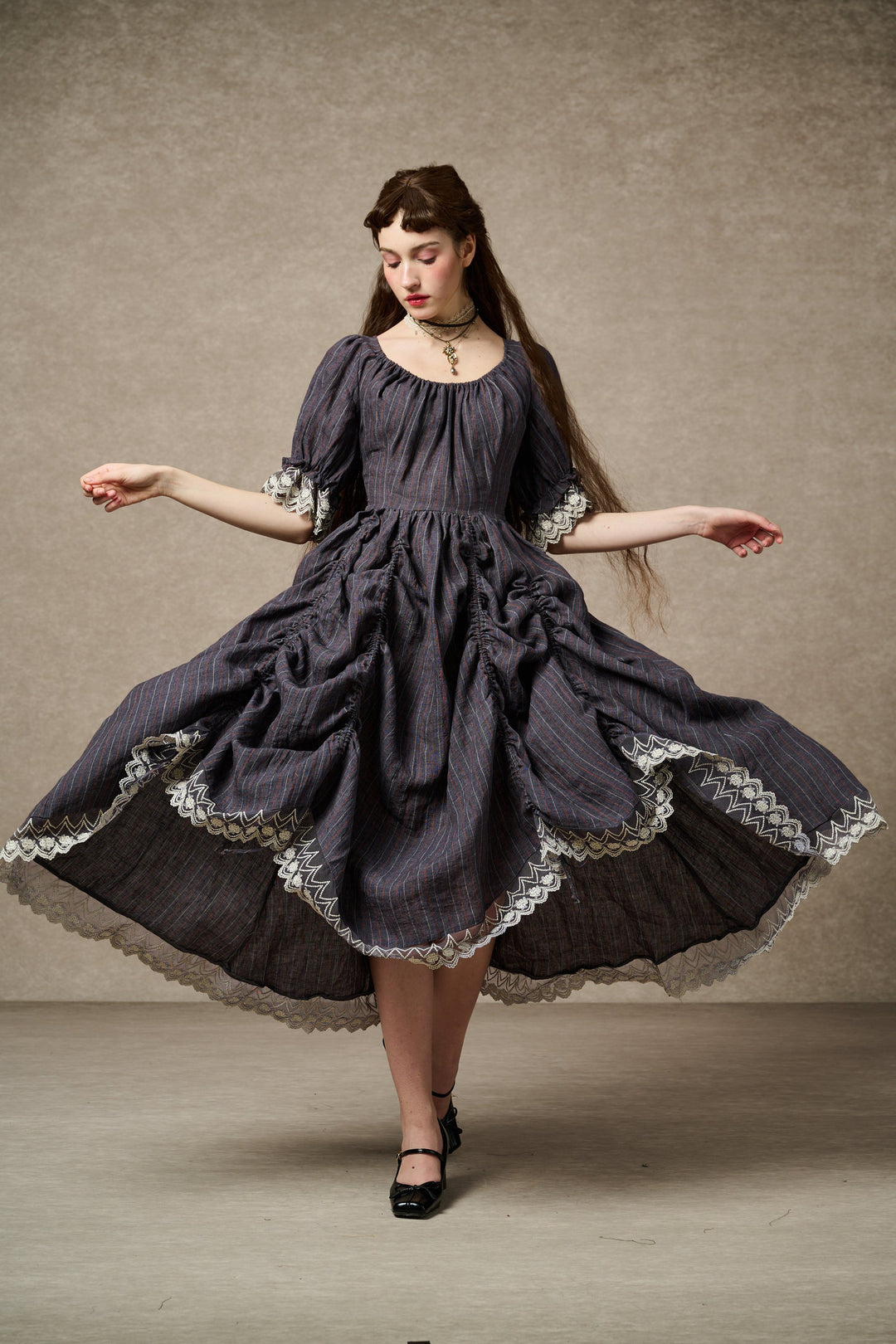 ELOWEN LACE LINEN DRESS GOWN ( 2 WAY TO WEAR )