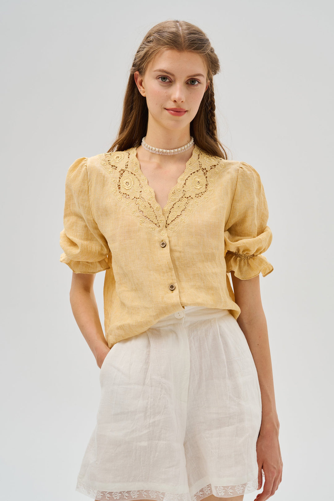 OPENWORK 100% LINEN BLOUSE WITH LACE