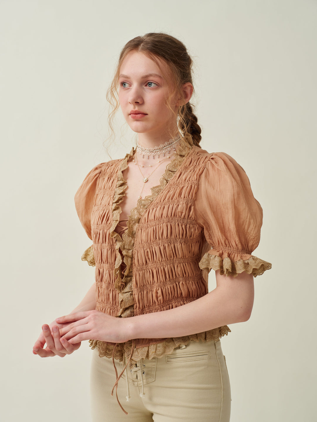 LUNA LACE UP LINEN TOP BLOUSE
