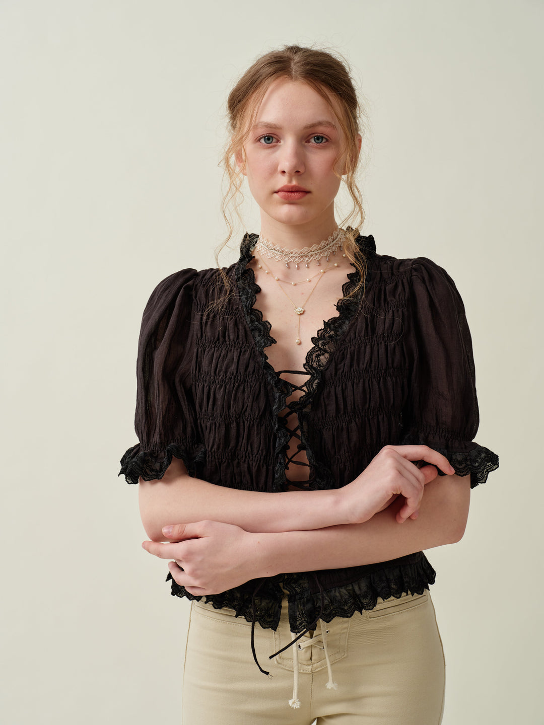 LUNA LACE UP LINEN TOP BLOUSE