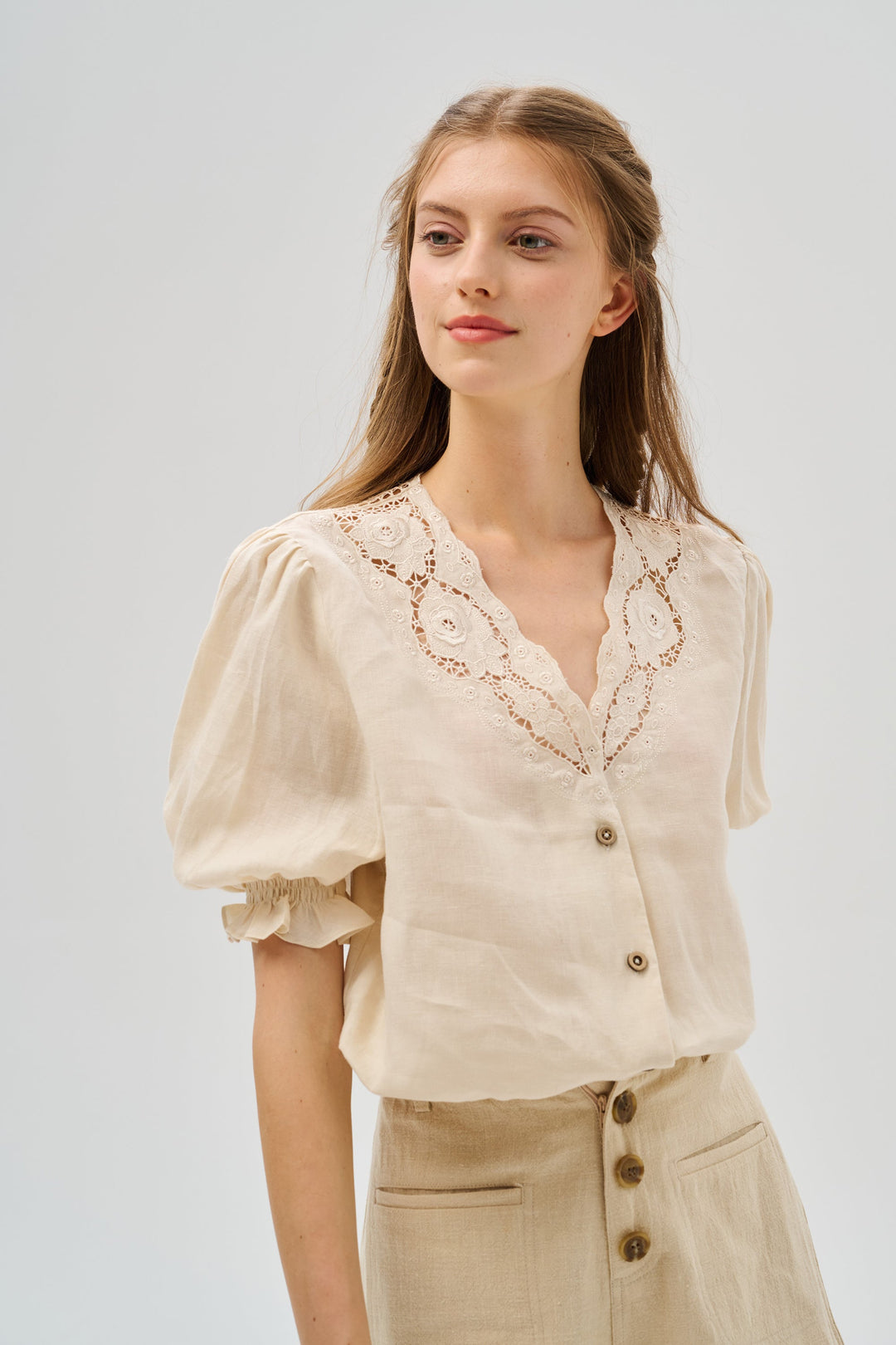 OPENWORK 100% LINEN BLOUSE WITH LACE