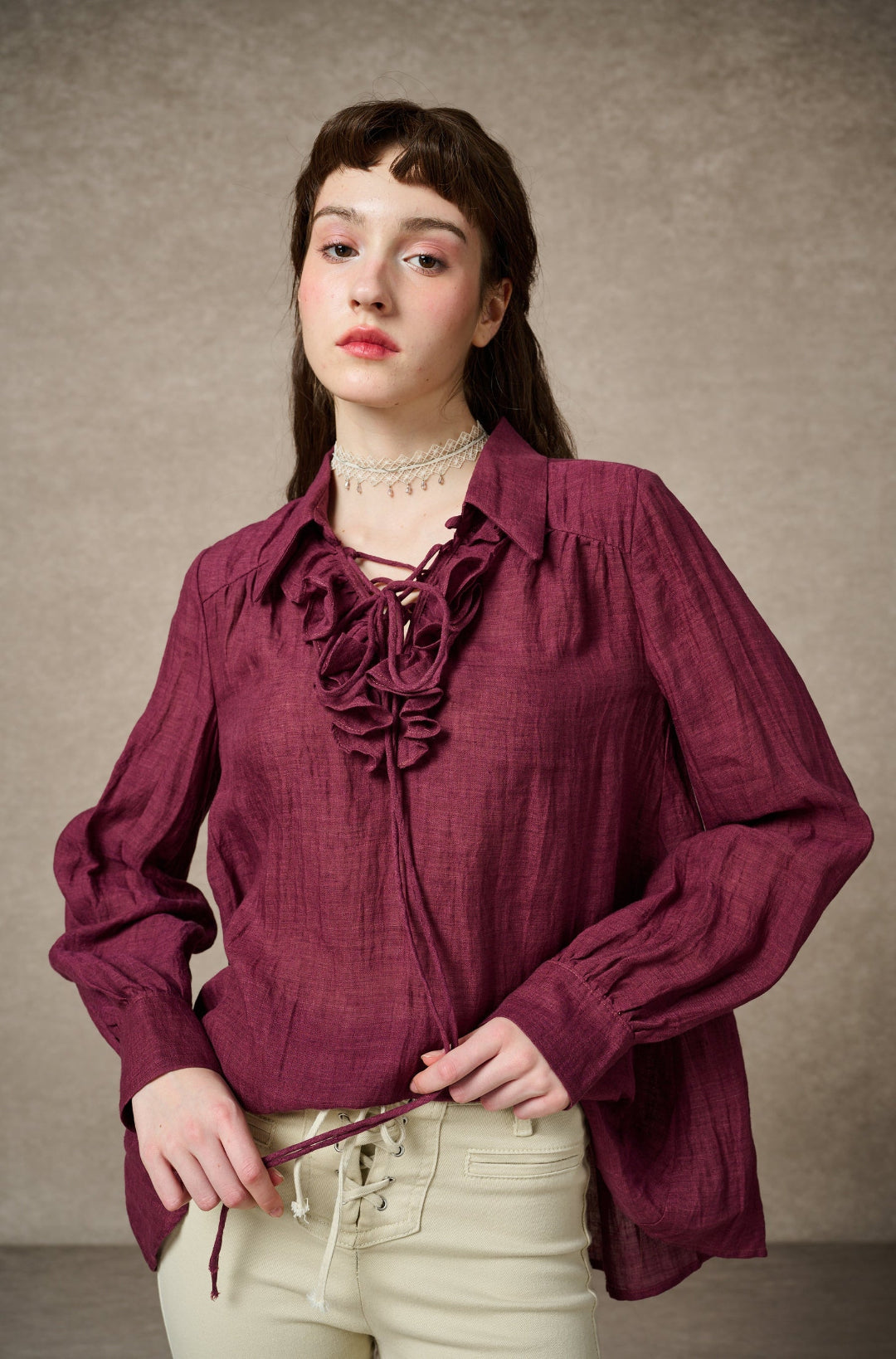 LAUREL LACE-UP LINEN BLOUSE SHIRT