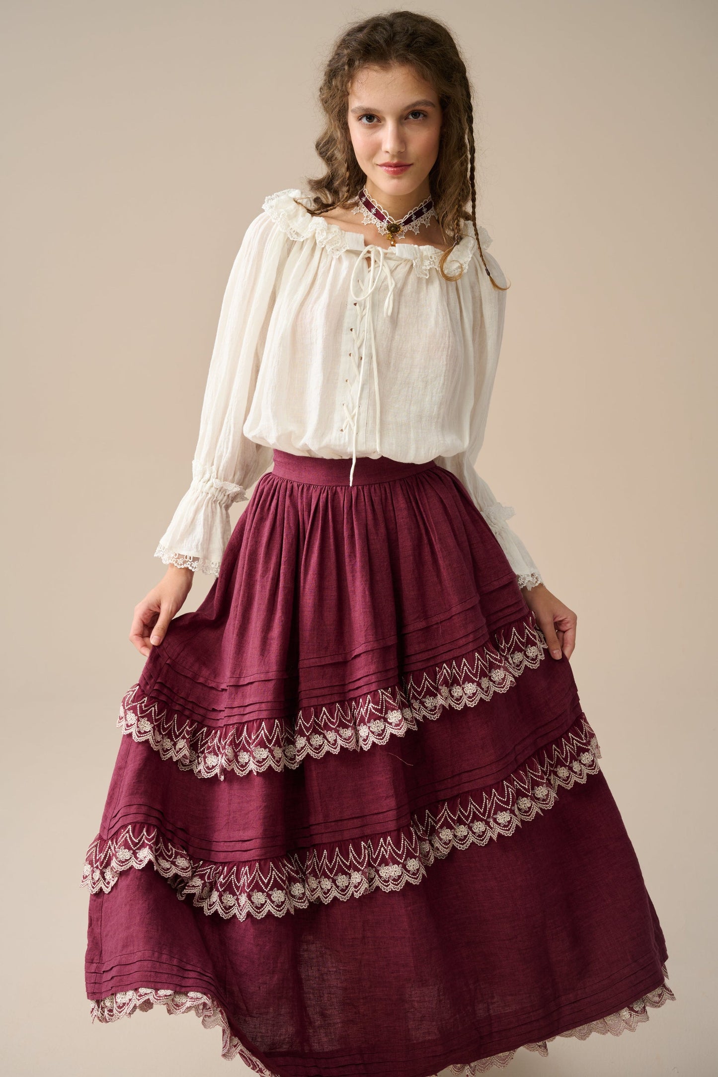 MONICA LAYERED VELVET SKIRT WITH LACE