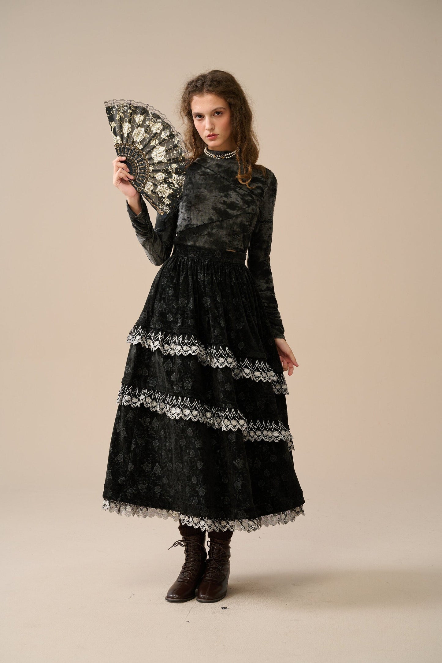 MONICA LAYERED VELVET SKIRT WITH LACE