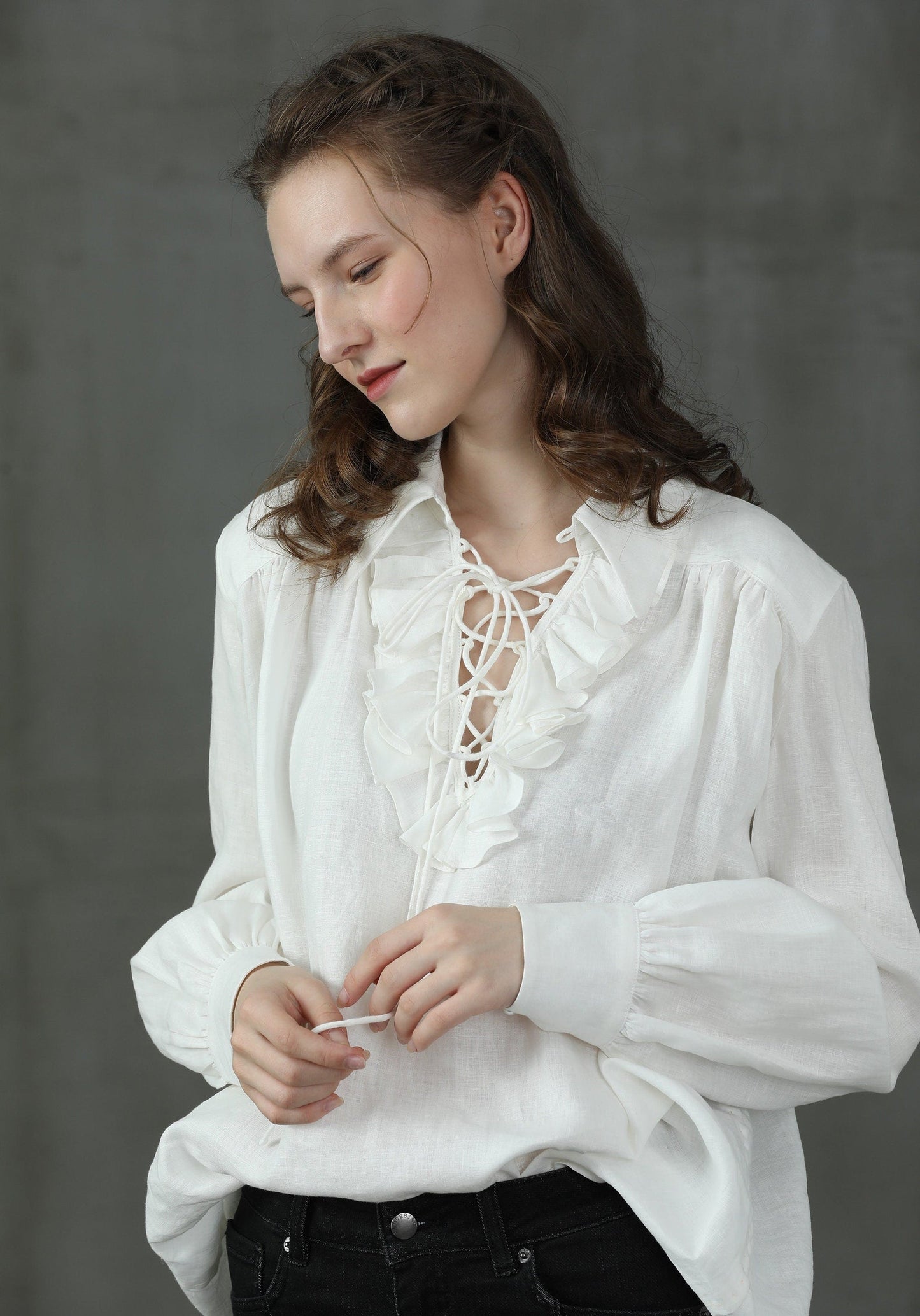 LAUREL LACE-UP LINEN BLOUSE SHIRT