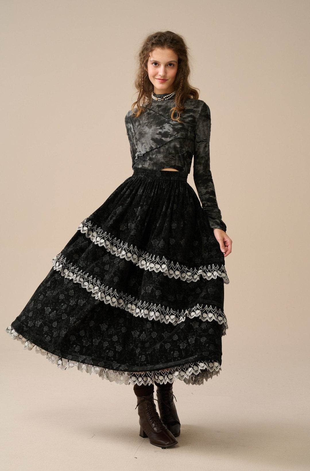 MONICA LAYERED VELVET SKIRT WITH LACE
