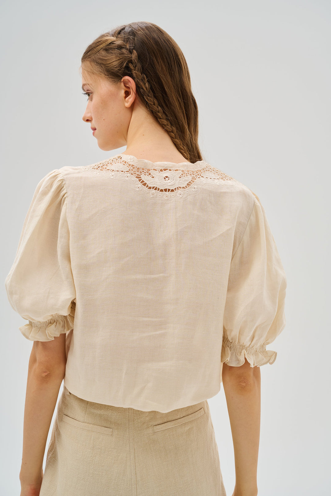 OPENWORK 100% LINEN BLOUSE WITH LACE