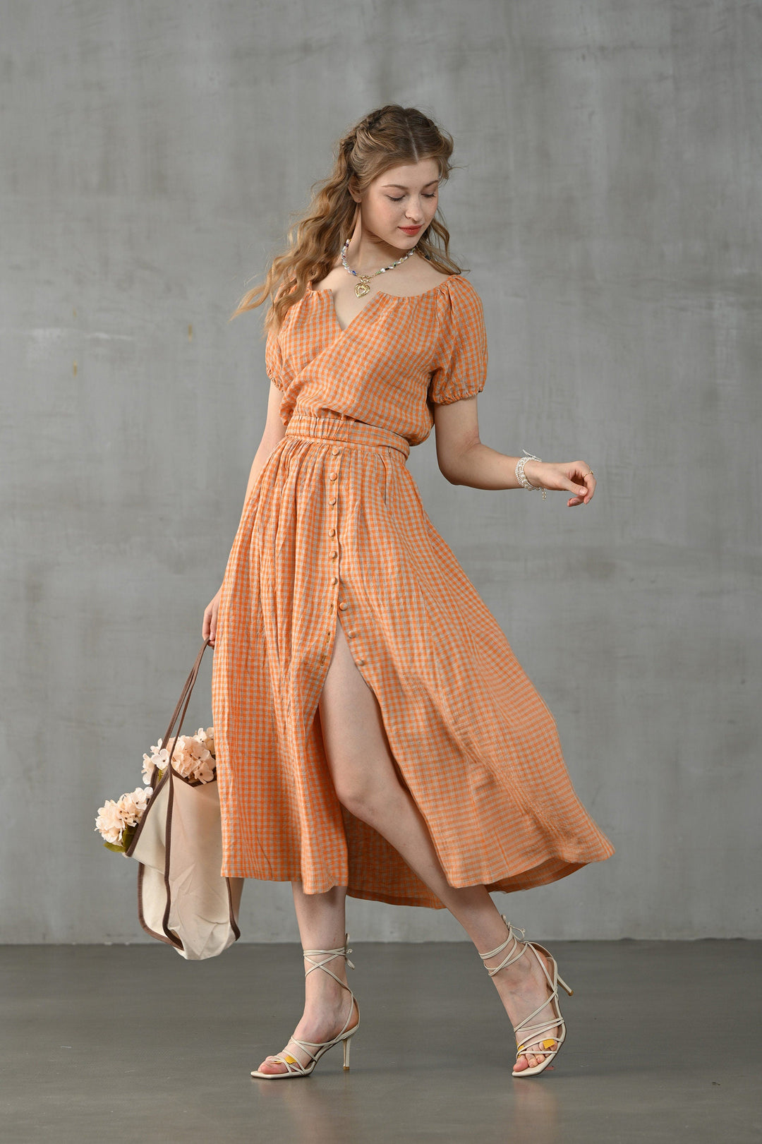 EASE 100% LINEN PLAID BLOUSE