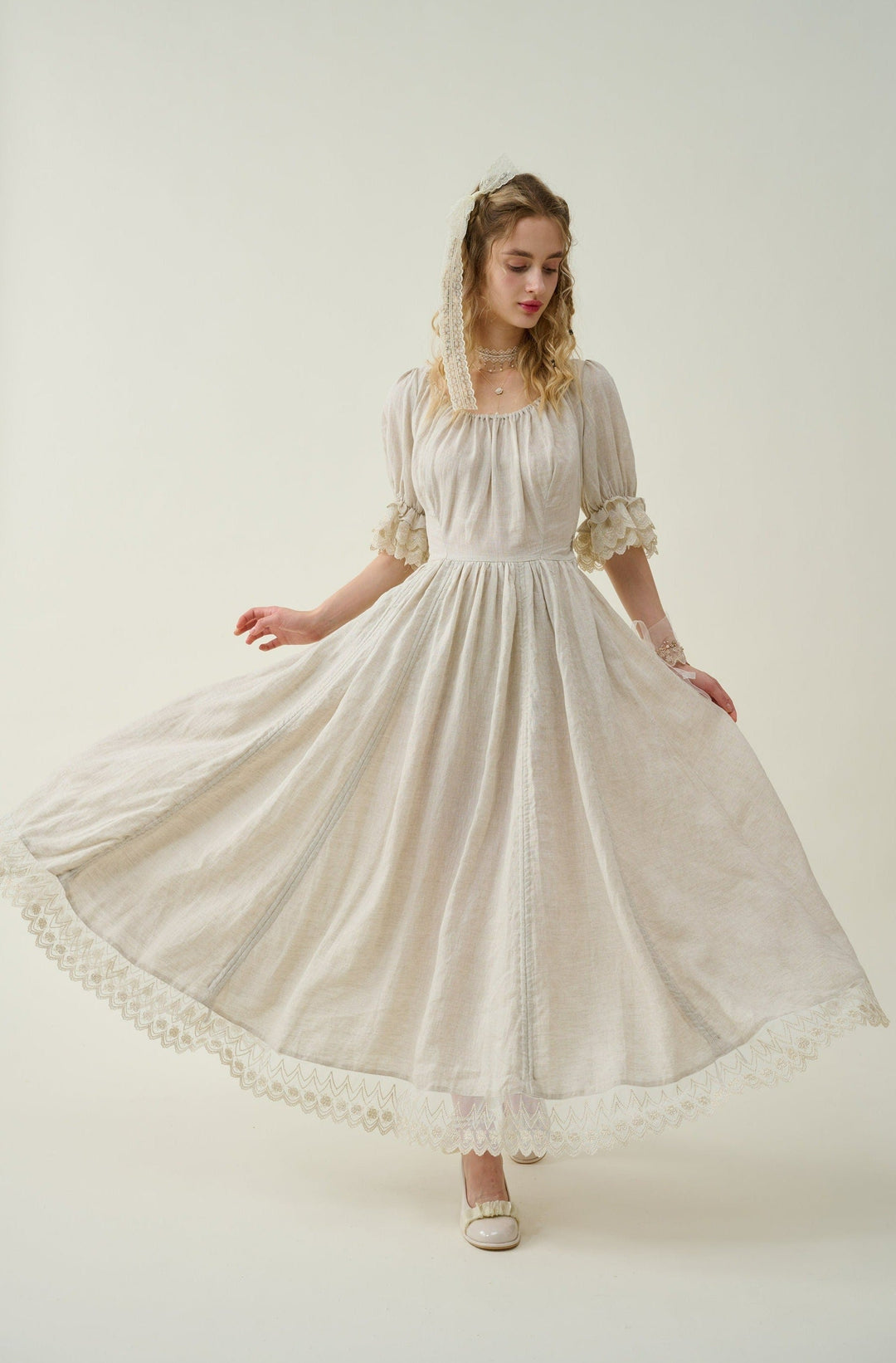ELOWEN LACE LINEN DRESS GOWN ( 2 WAY TO WEAR )