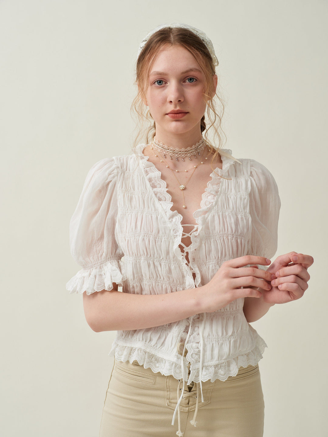 LUNA LACE UP LINEN TOP BLOUSE
