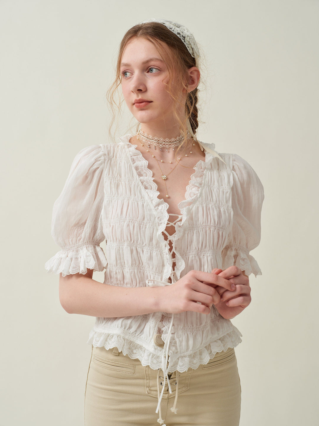 LUNA LACE UP LINEN TOP BLOUSE