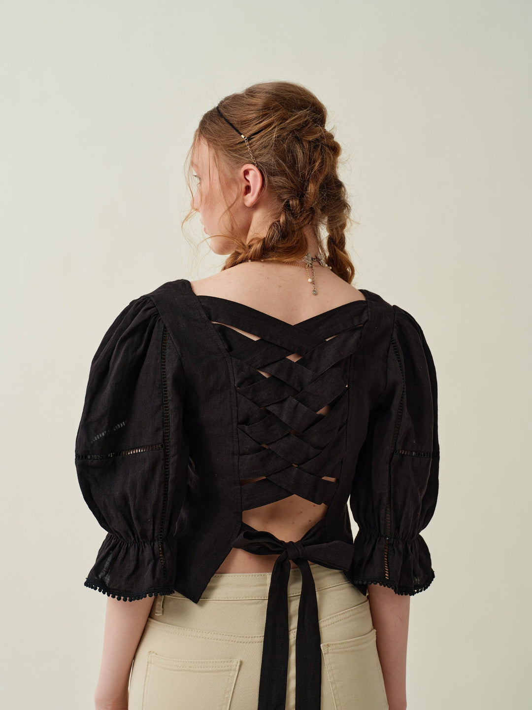 VETIVER CROSS BACK LINEN BLOUSE TOP