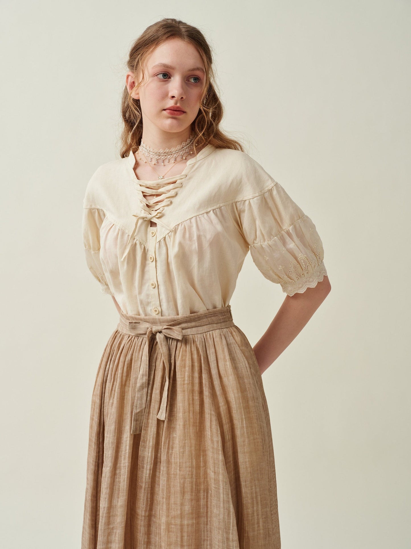 NERIA LACE UP LINEN SHIRT BLOUSE