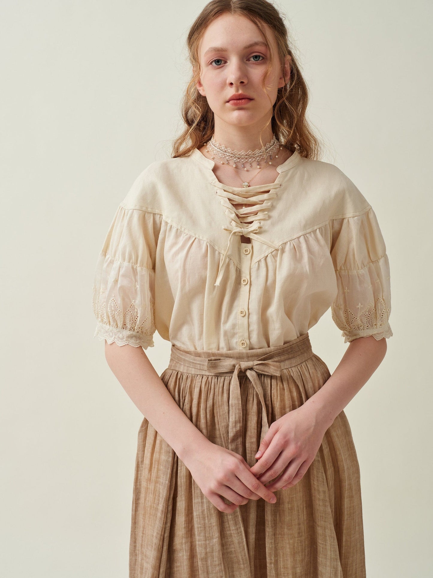 NERIA LACE UP LINEN SHIRT BLOUSE