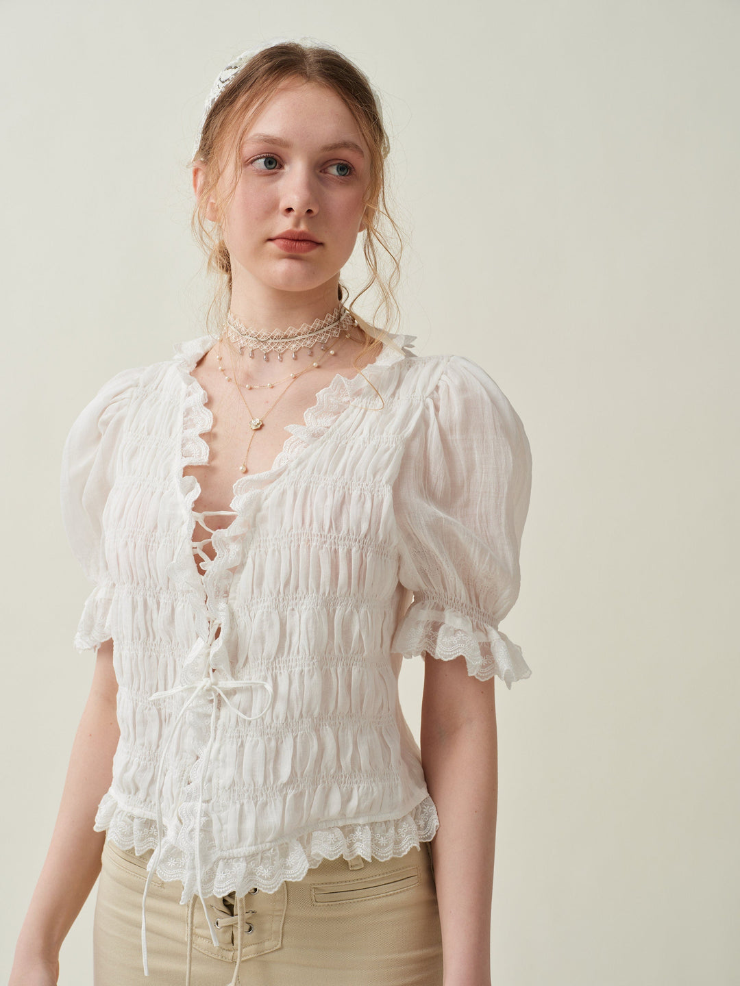 LUNA LACE UP LINEN TOP BLOUSE