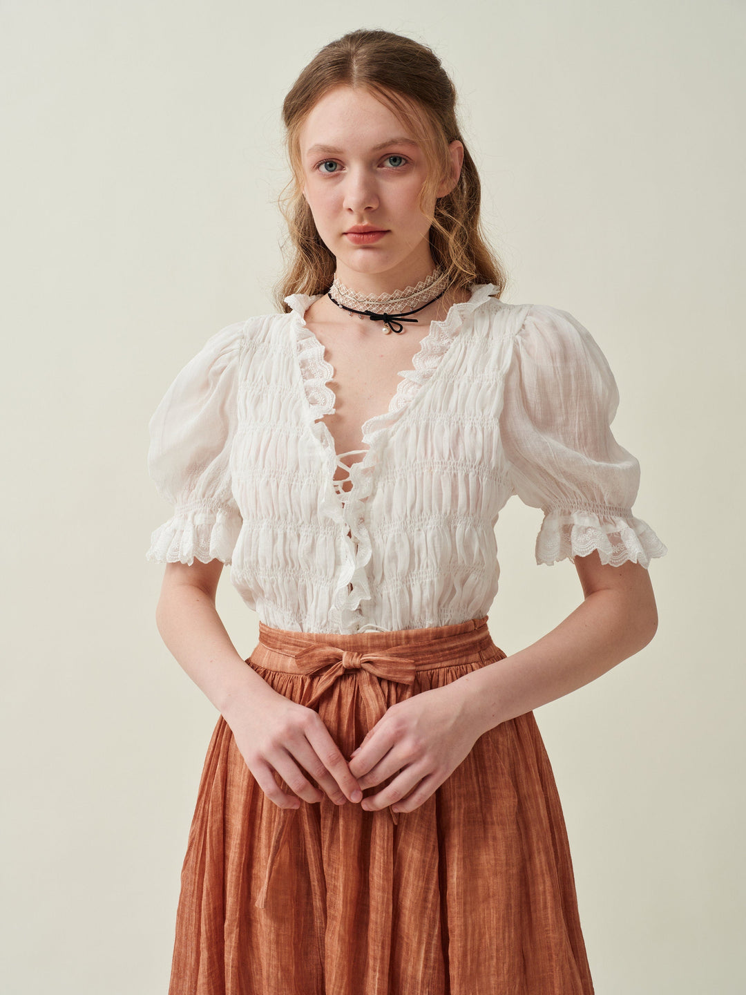 LUNA LACE UP LINEN TOP BLOUSE