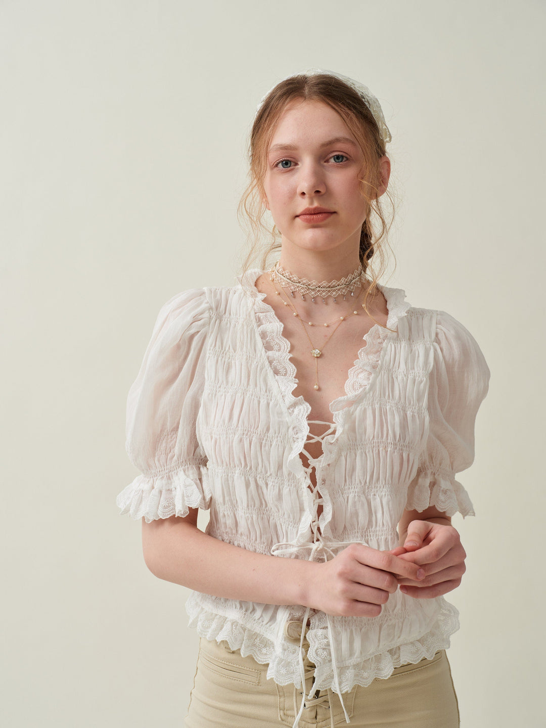 LUNA LACE UP LINEN TOP BLOUSE