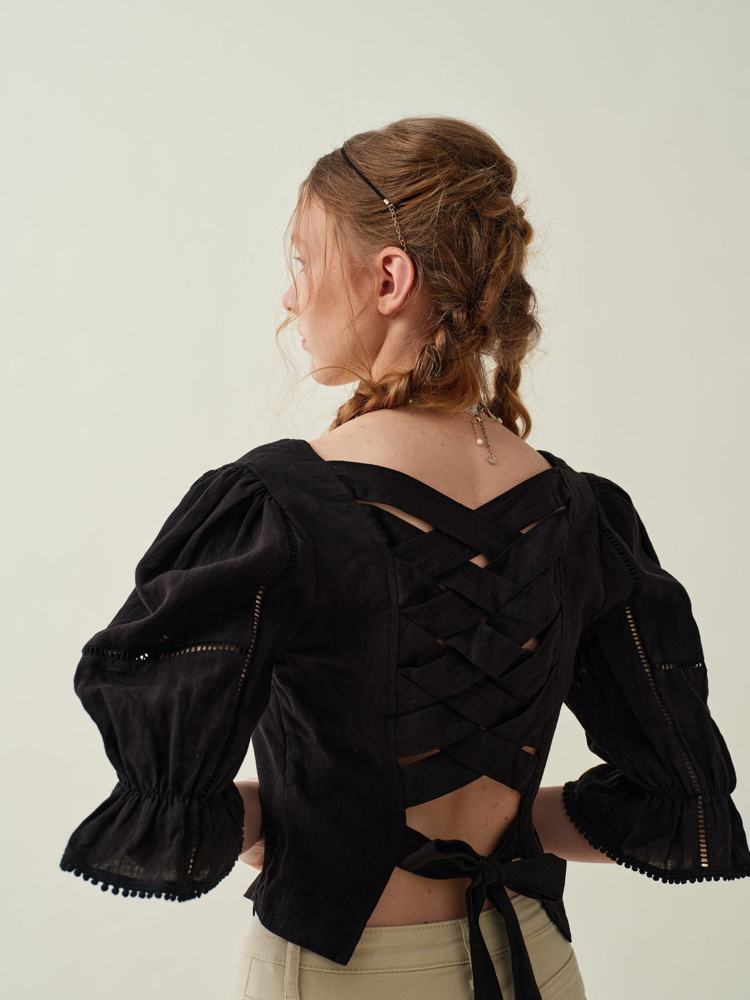 VETIVER CROSS BACK LINEN BLOUSE TOP