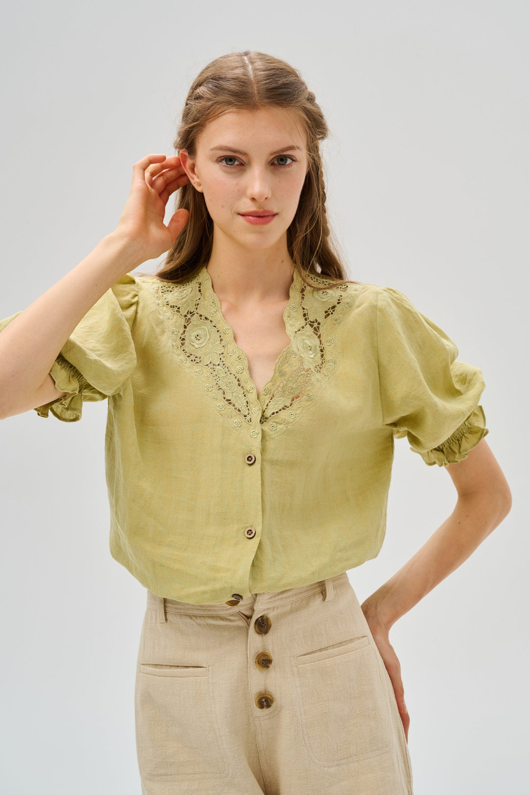 OPENWORK 100% LINEN BLOUSE WITH LACE