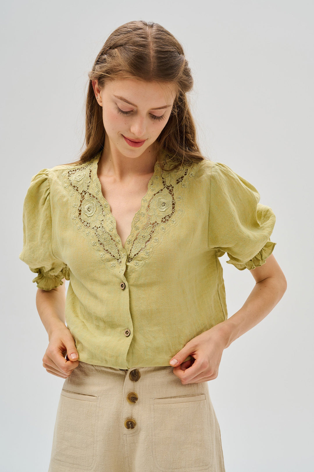 OPENWORK 100% LINEN BLOUSE WITH LACE