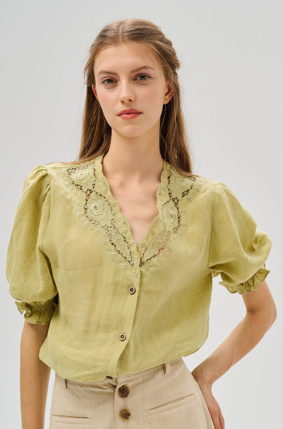 OPENWORK 100% LINEN BLOUSE WITH LACE