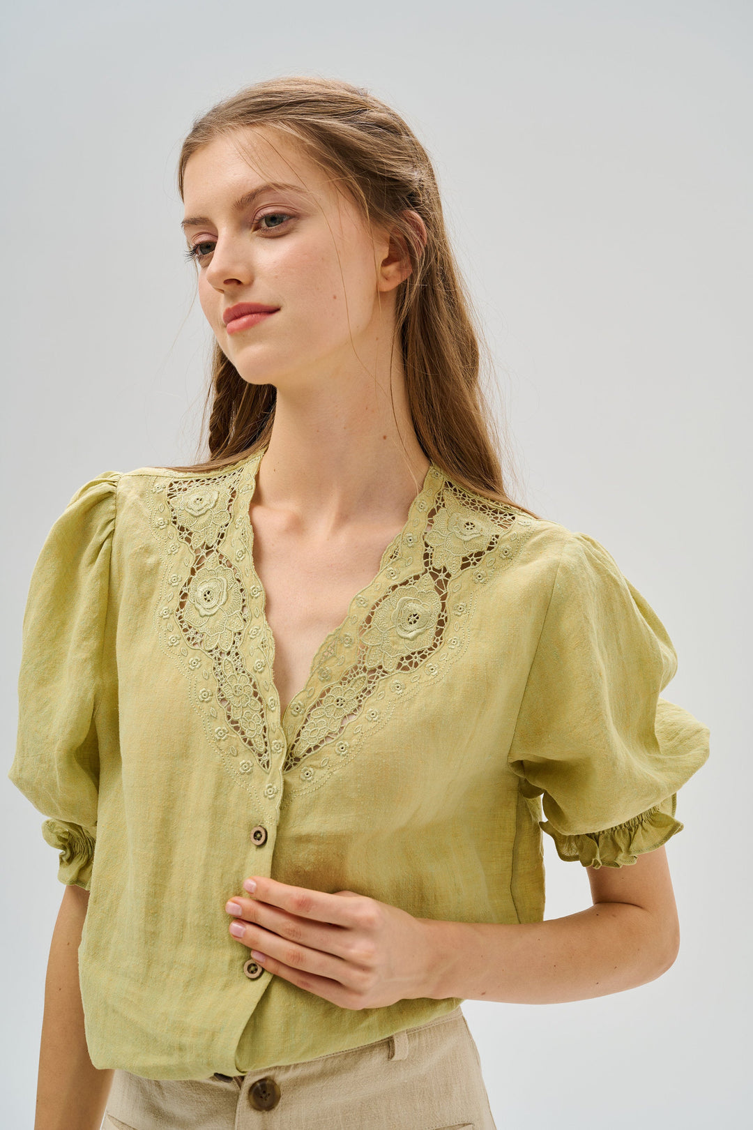OPENWORK 100% LINEN BLOUSE WITH LACE