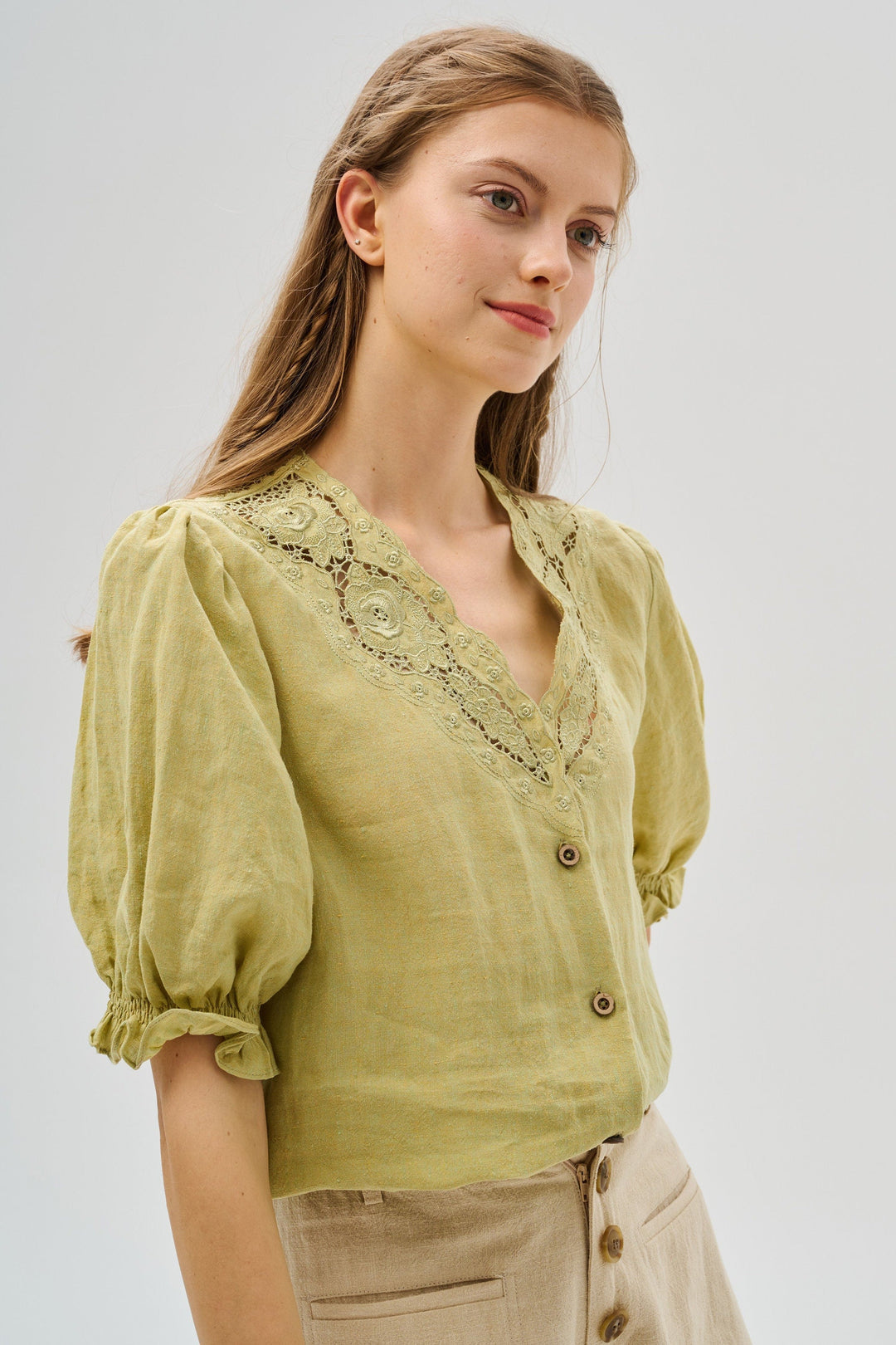 OPENWORK 100% LINEN BLOUSE WITH LACE