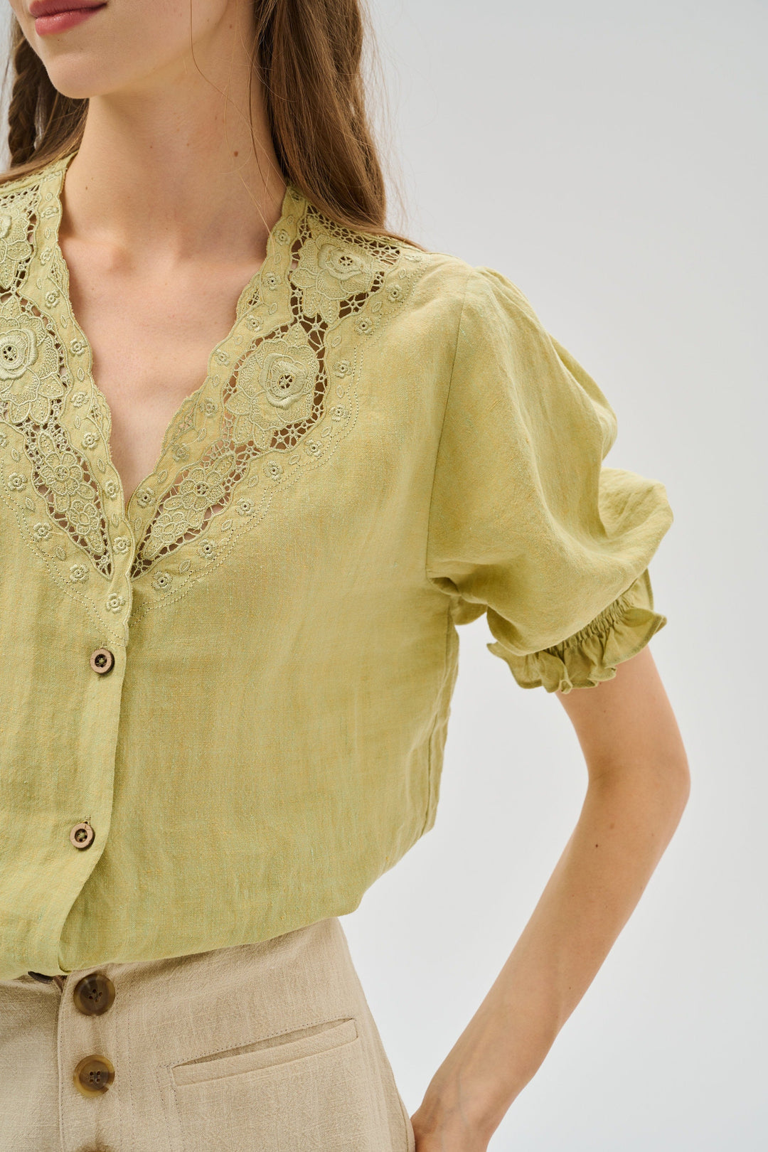 OPENWORK 100% LINEN BLOUSE WITH LACE