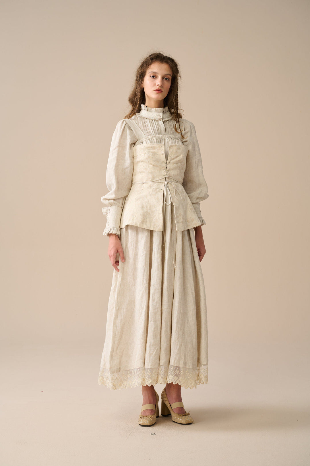 MICHELLE EMBROIDERY CORSET LINEN DRESS
