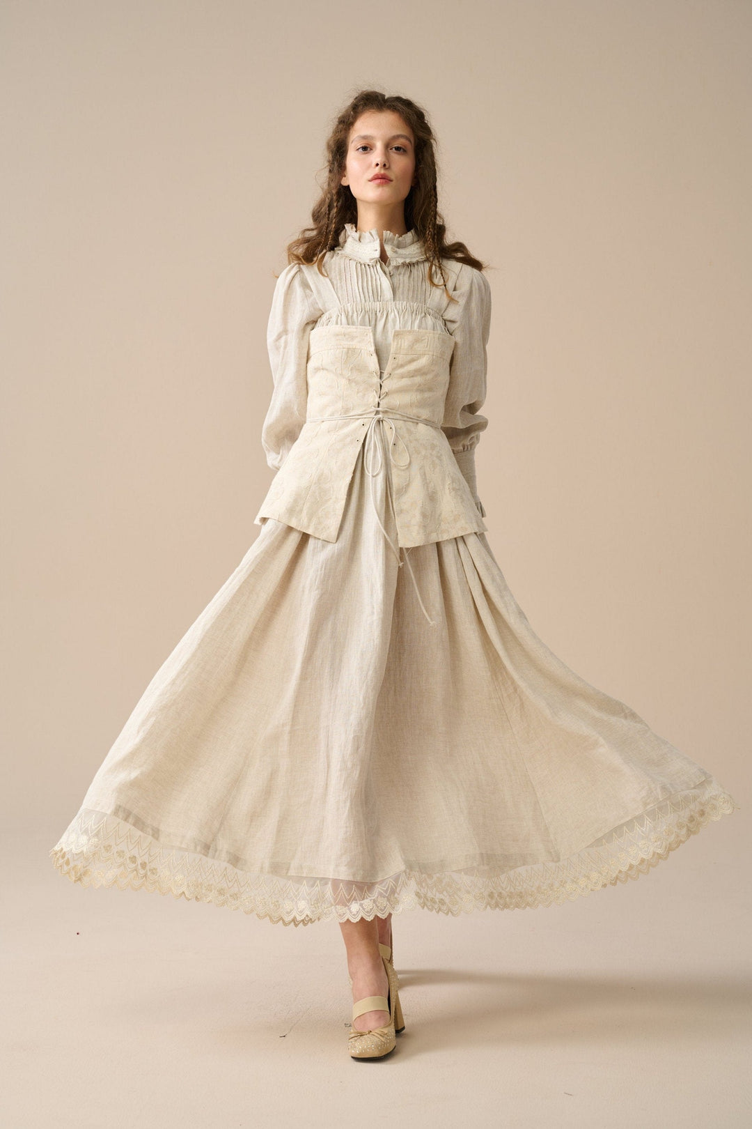 MICHELLE EMBROIDERY CORSET LINEN DRESS