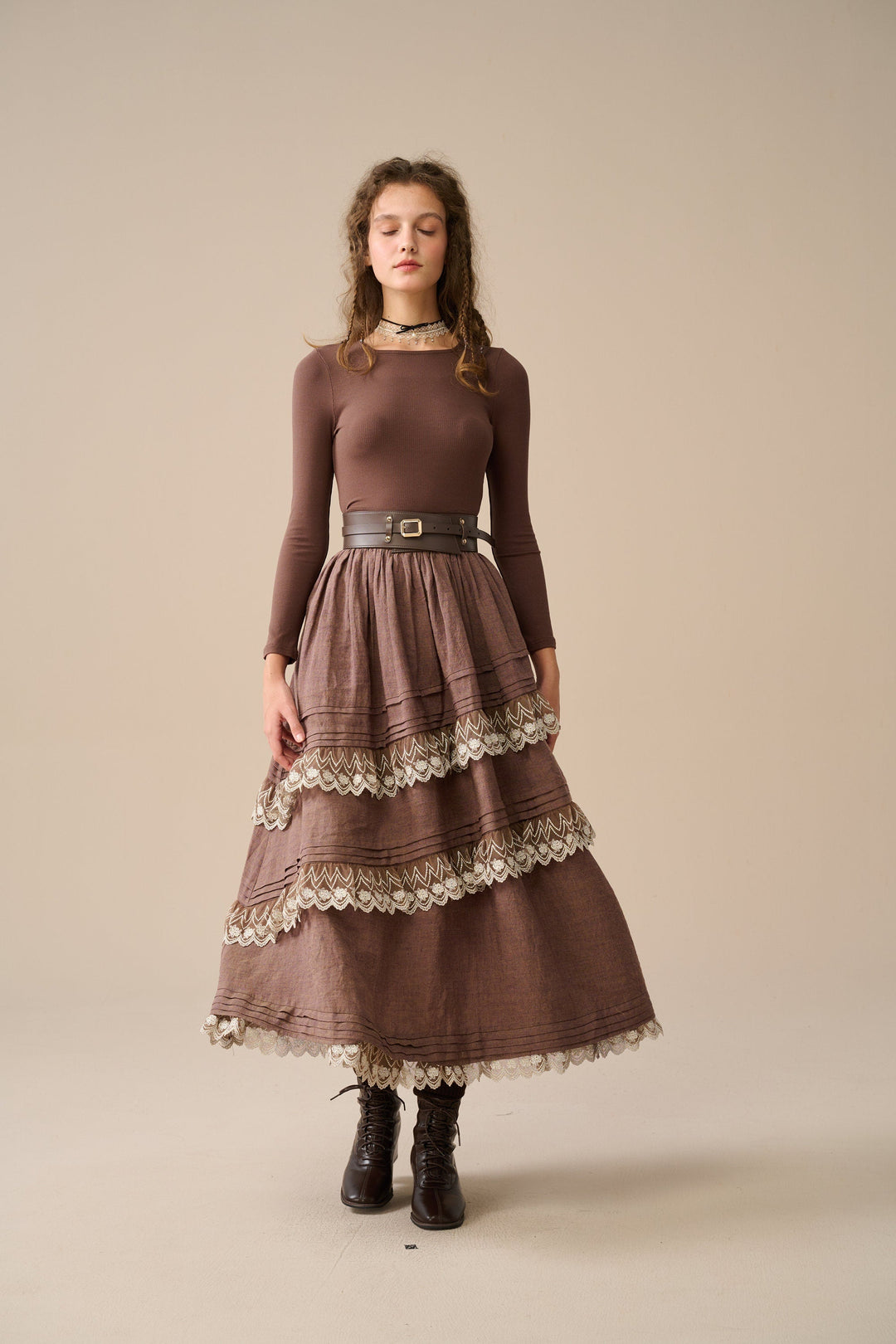 MONICA LAYERED LINEN SKIRT WITH LACE
