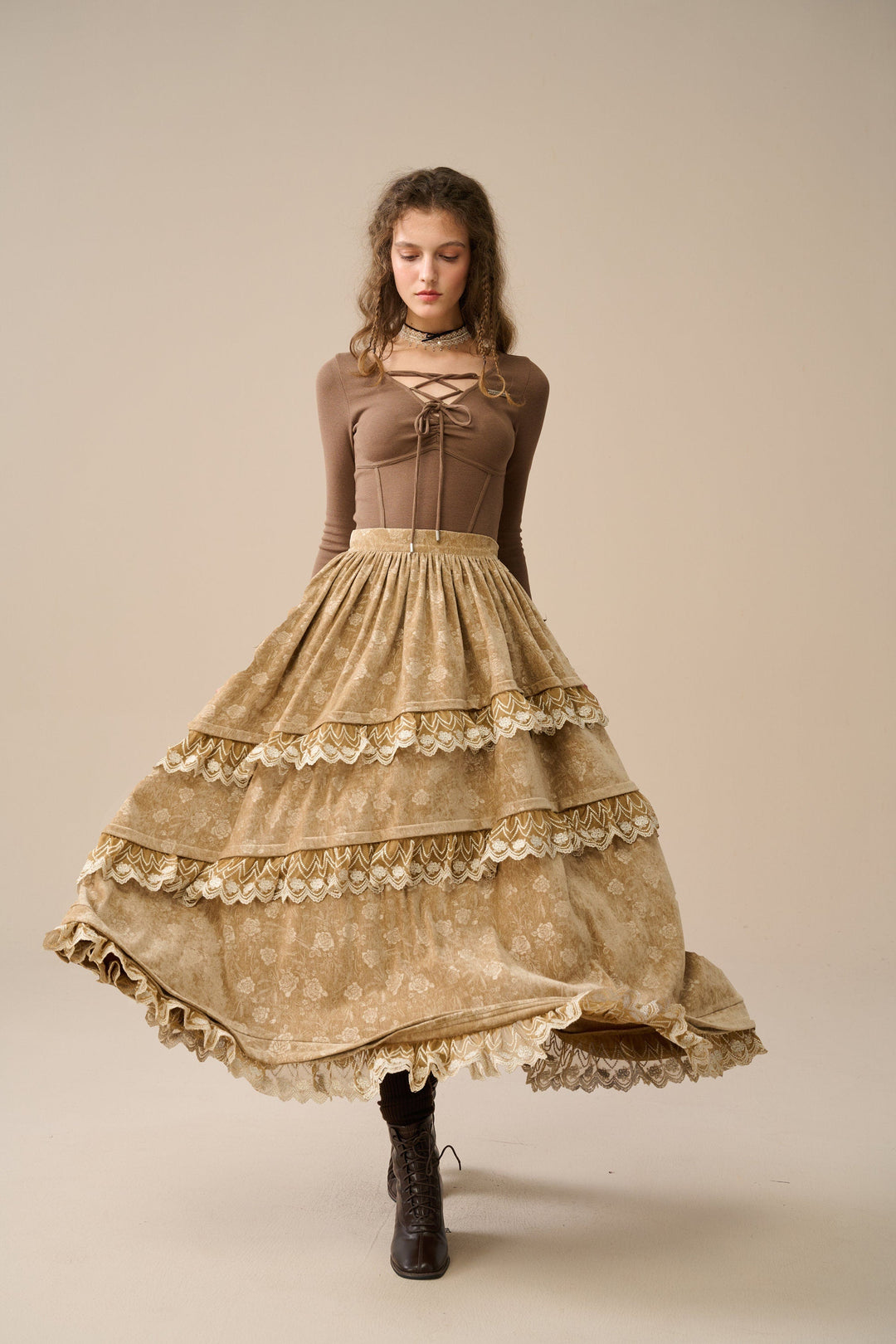 MONICA LAYERED LINEN SKIRT WITH LACE