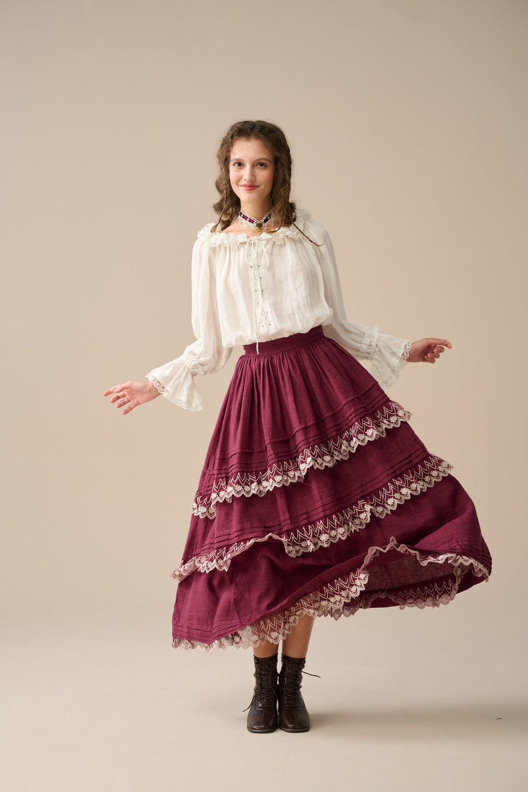 MONICA LAYERED LINEN SKIRT WITH LACE