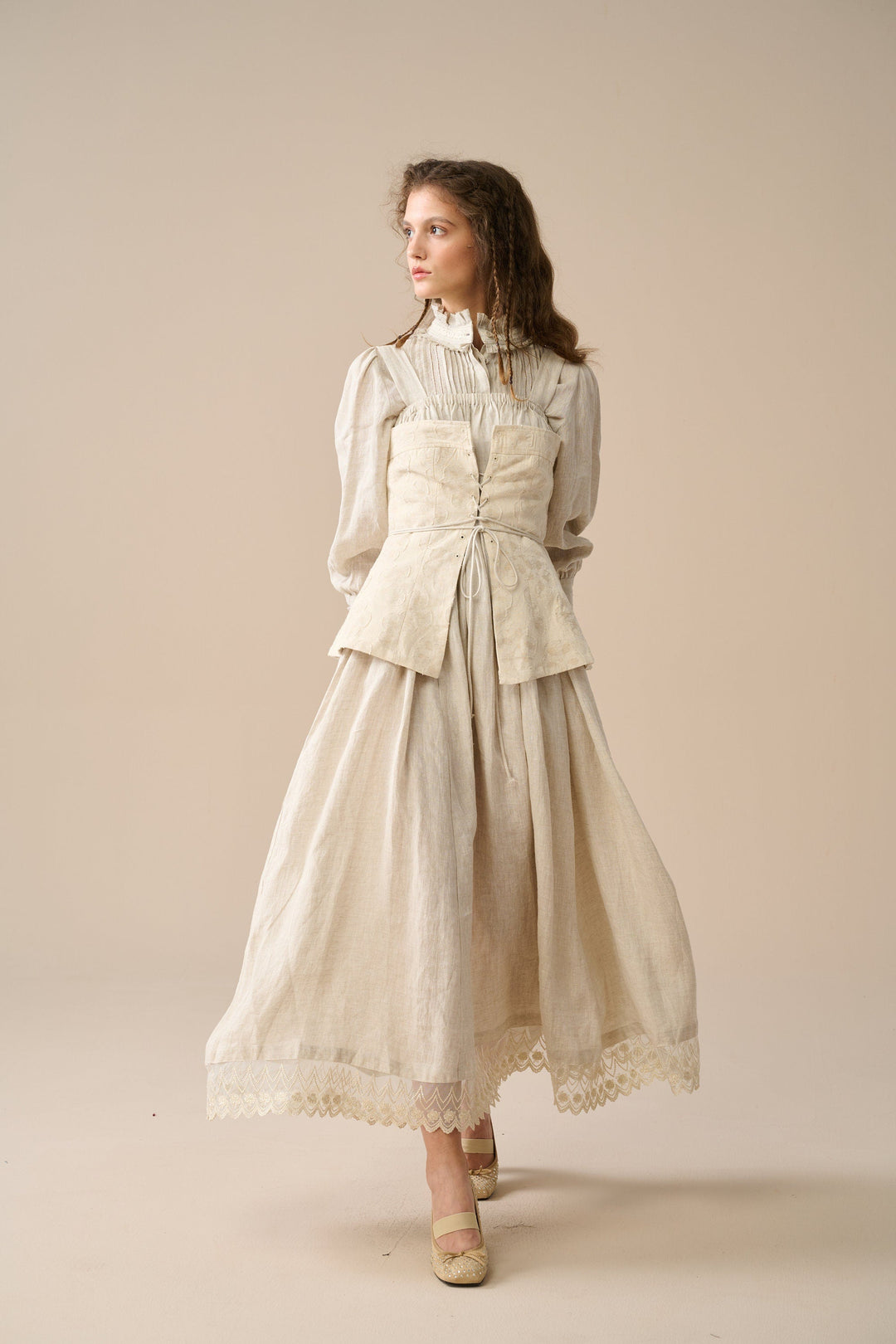 MICHELLE EMBROIDERY CORSET LINEN DRESS