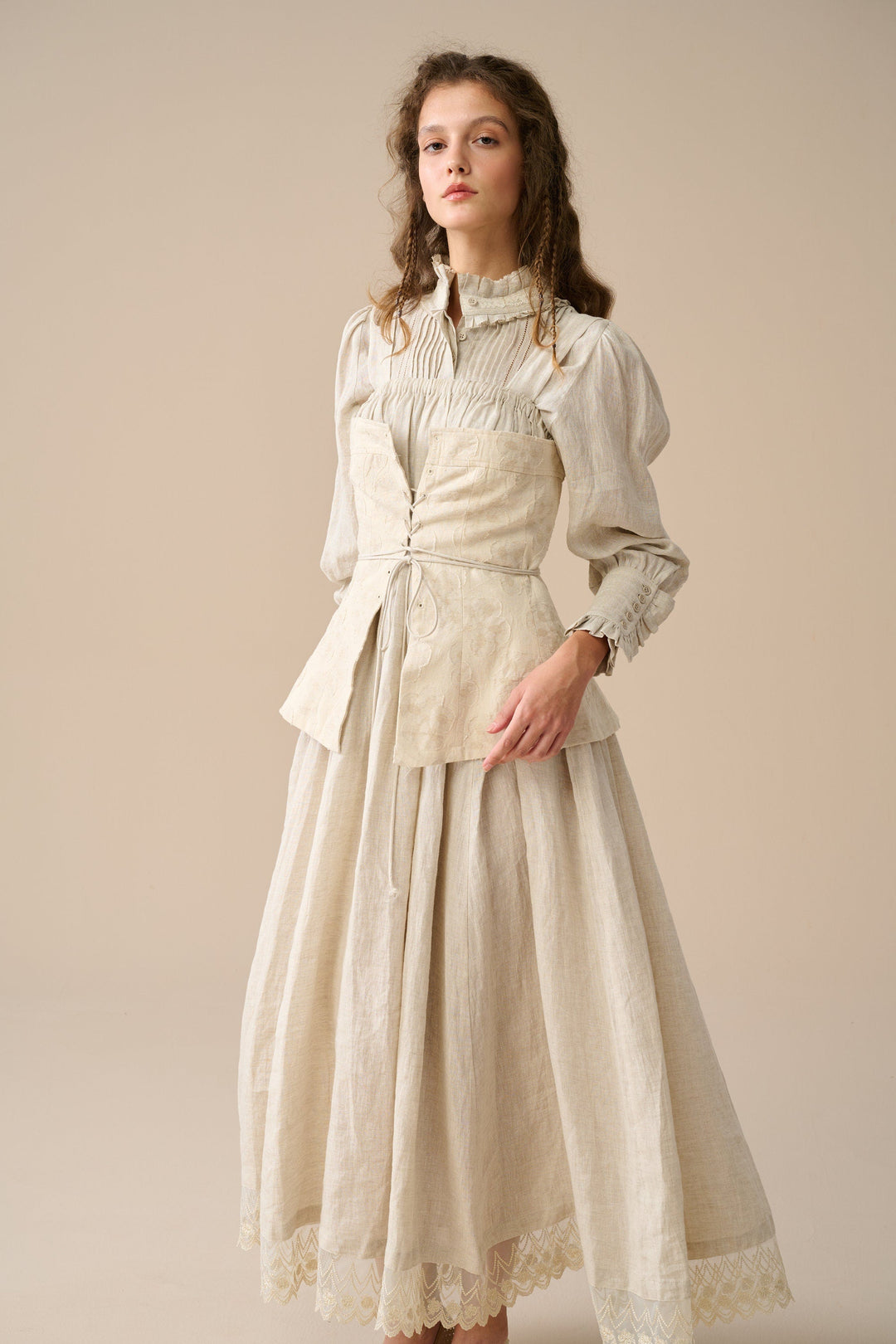 MICHELLE EMBROIDERY CORSET LINEN DRESS