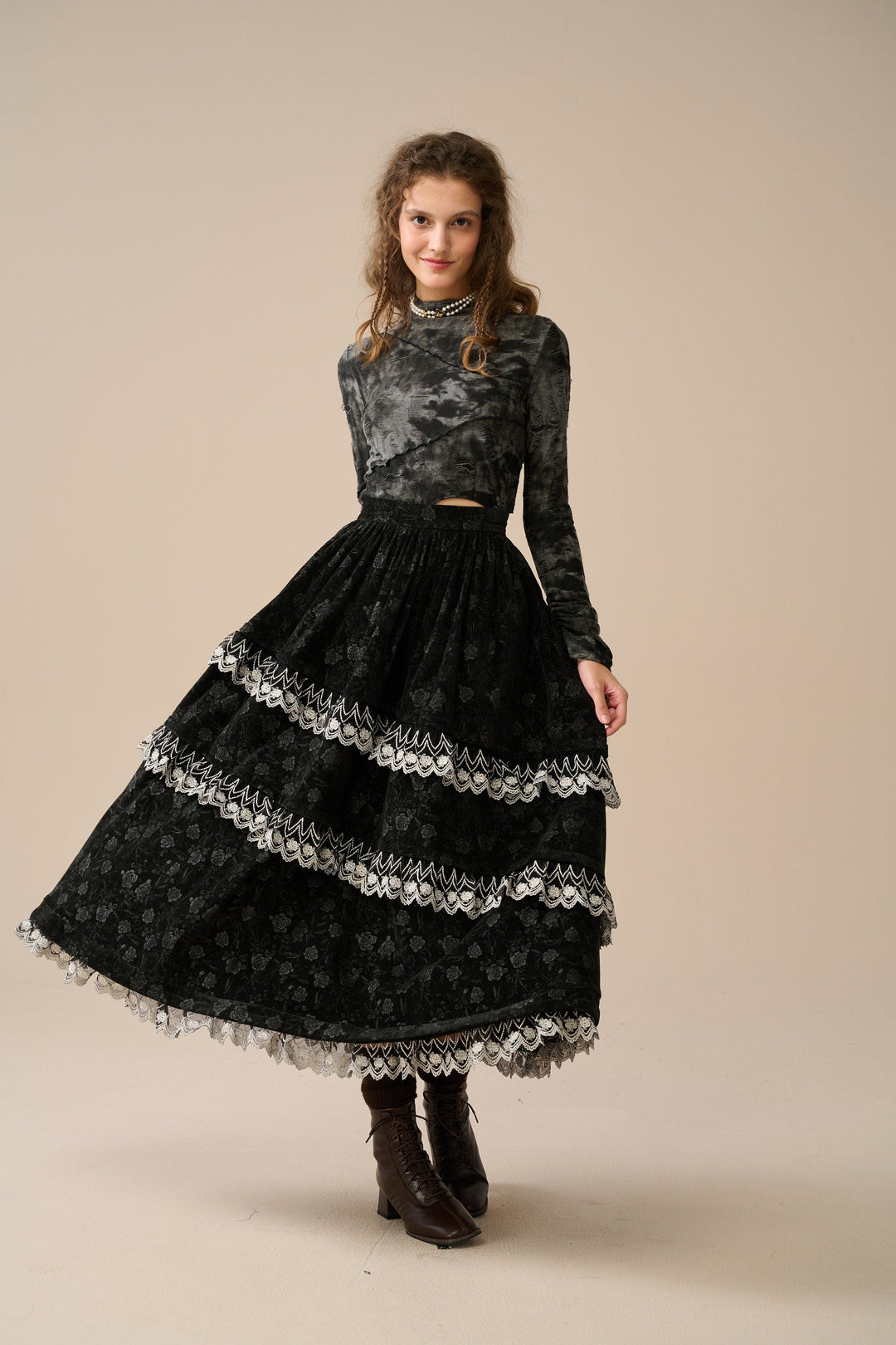 MONICA LAYERED LINEN SKIRT WITH LACE
