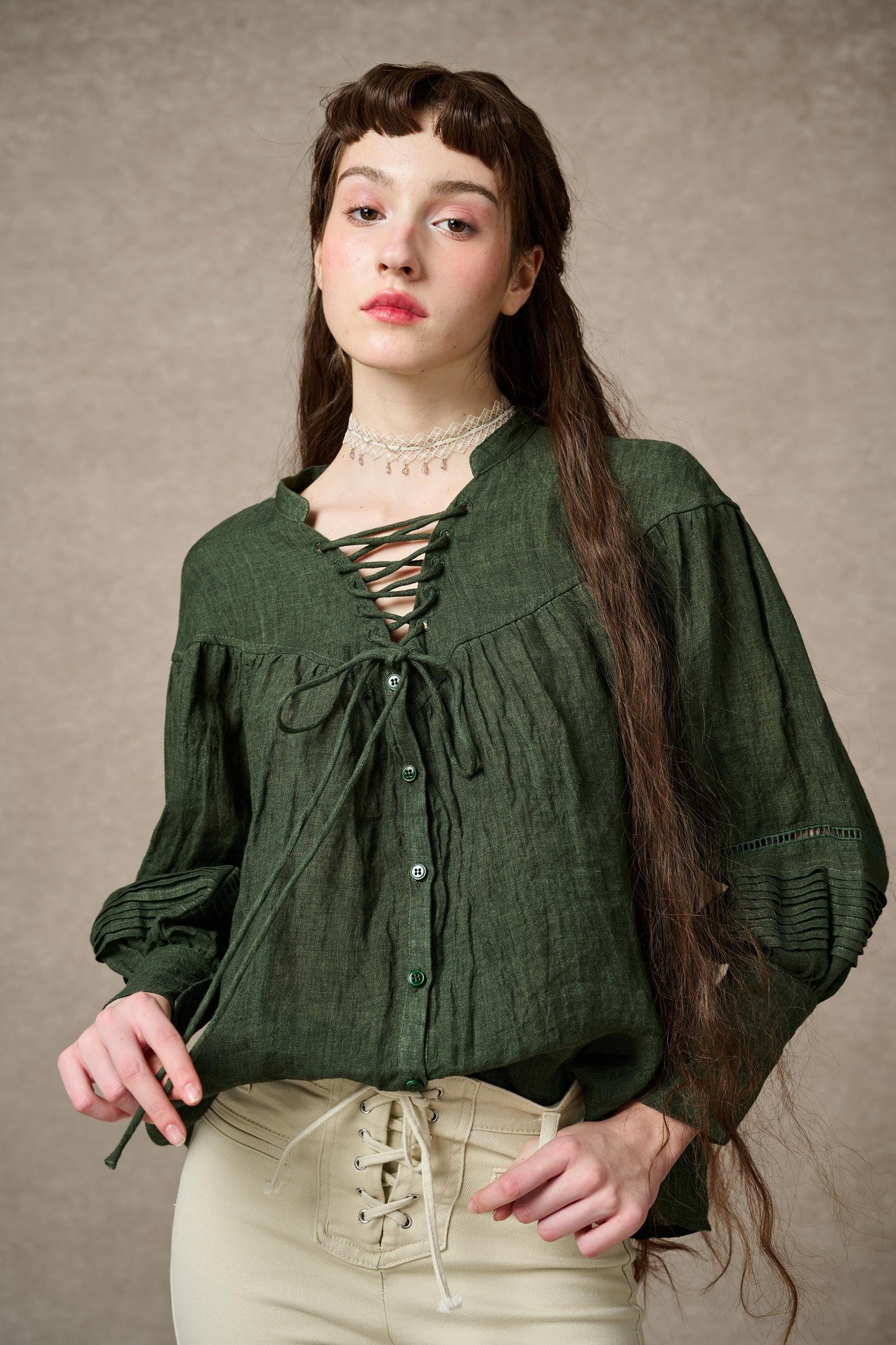 NERIA FOREST GREEN LACE UP LINEN SHIRT BLOUSE