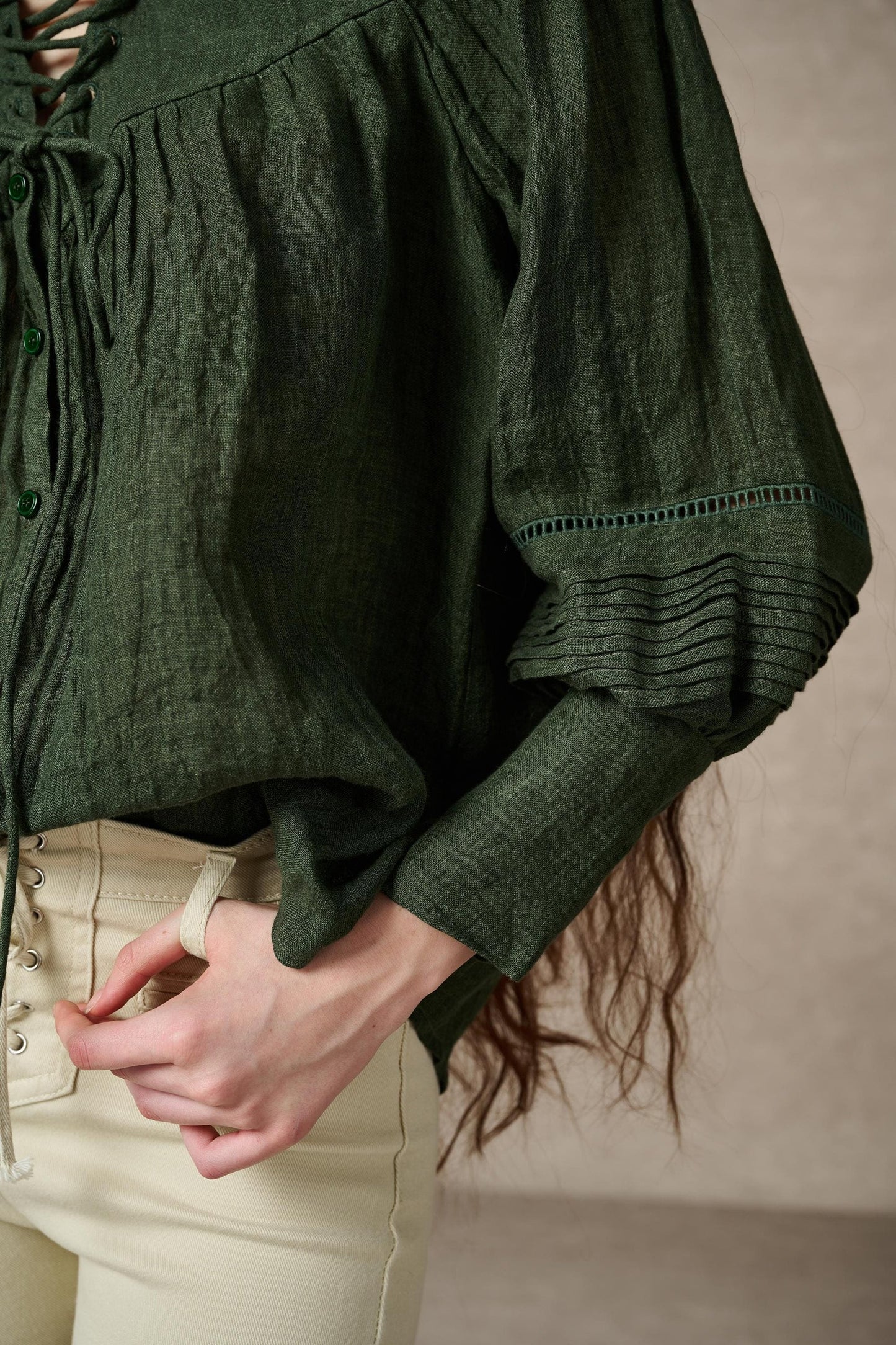 NERIA FOREST GREEN LACE UP LINEN SHIRT BLOUSE