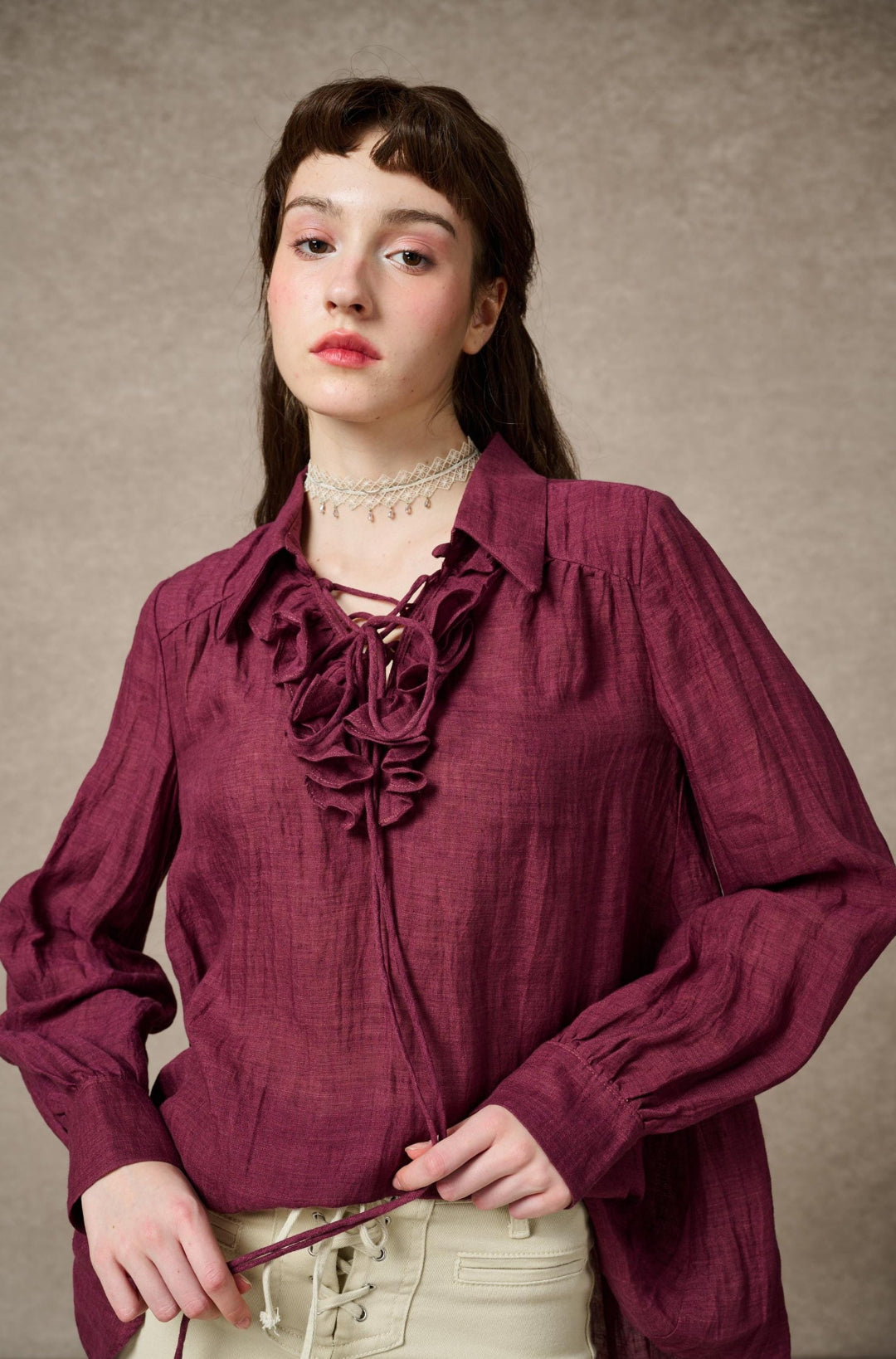 LAUREL LACE-UP LINEN BLOUSE SHIRT