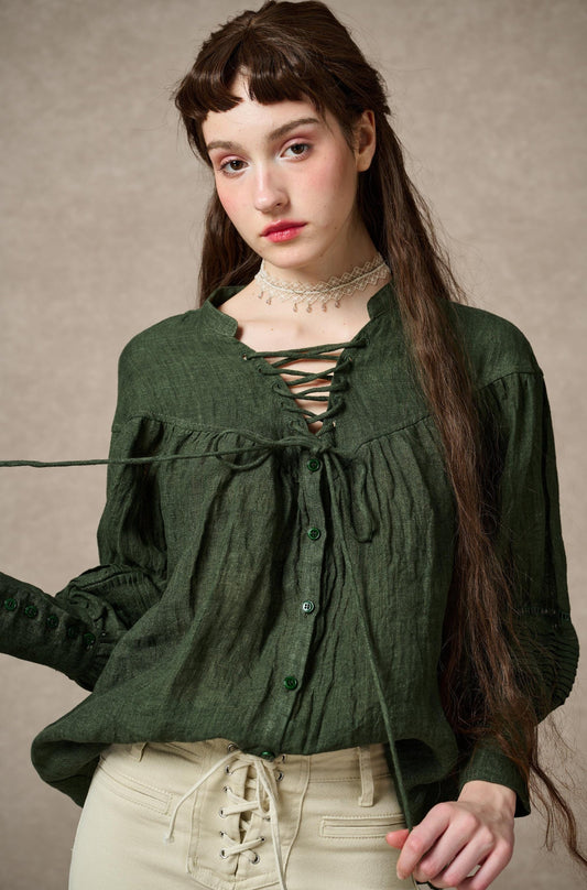 NERIA FOREST GREEN LACE UP LINEN SHIRT BLOUSE